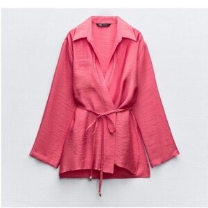 Zara, Coral, Belted wrap shirt, Medium